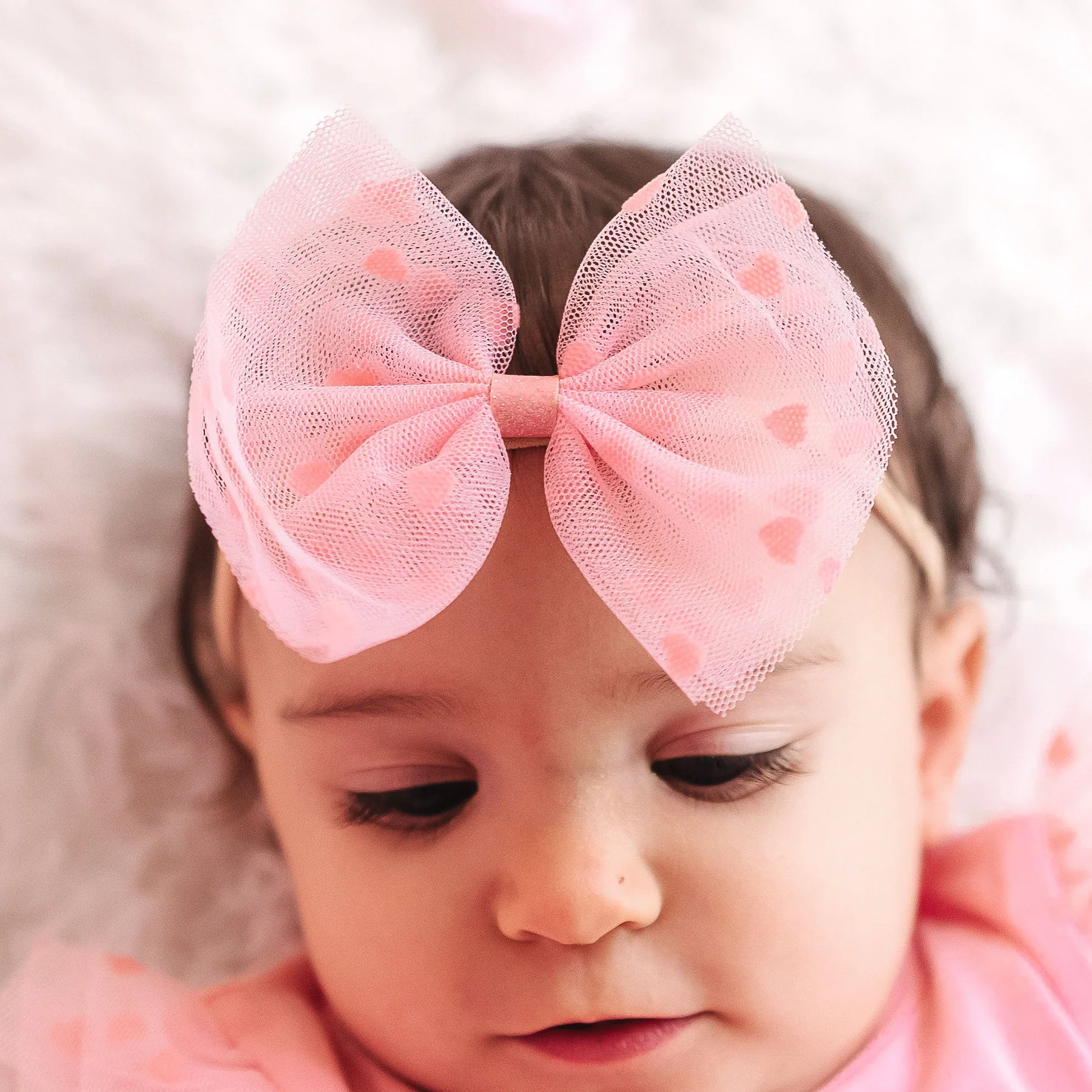 Flocked Heart Tulle Bow Baby Headband - Image 2